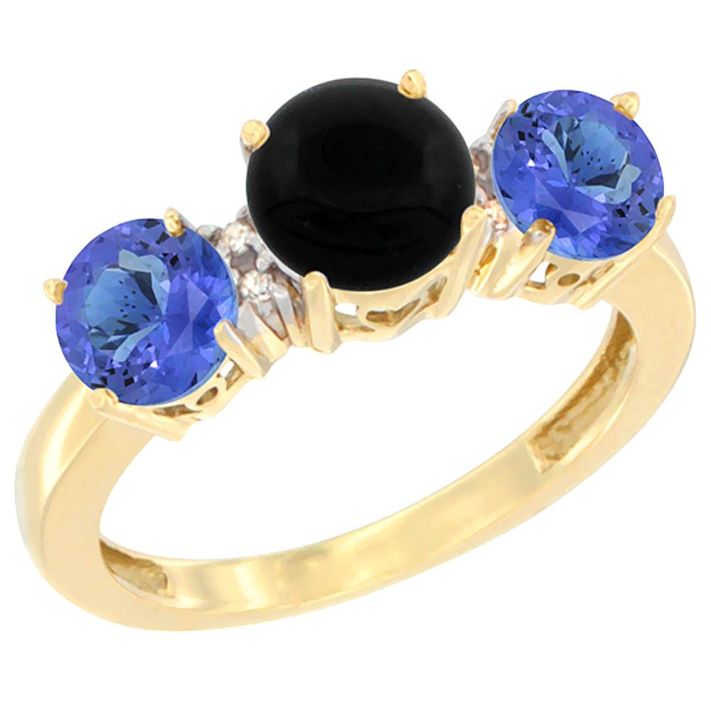 10K Yellow Gold Round 3-Stone Natural Black Onyx Ring & Tanzanite Sides Diamond Accent, sizes 5 - 10