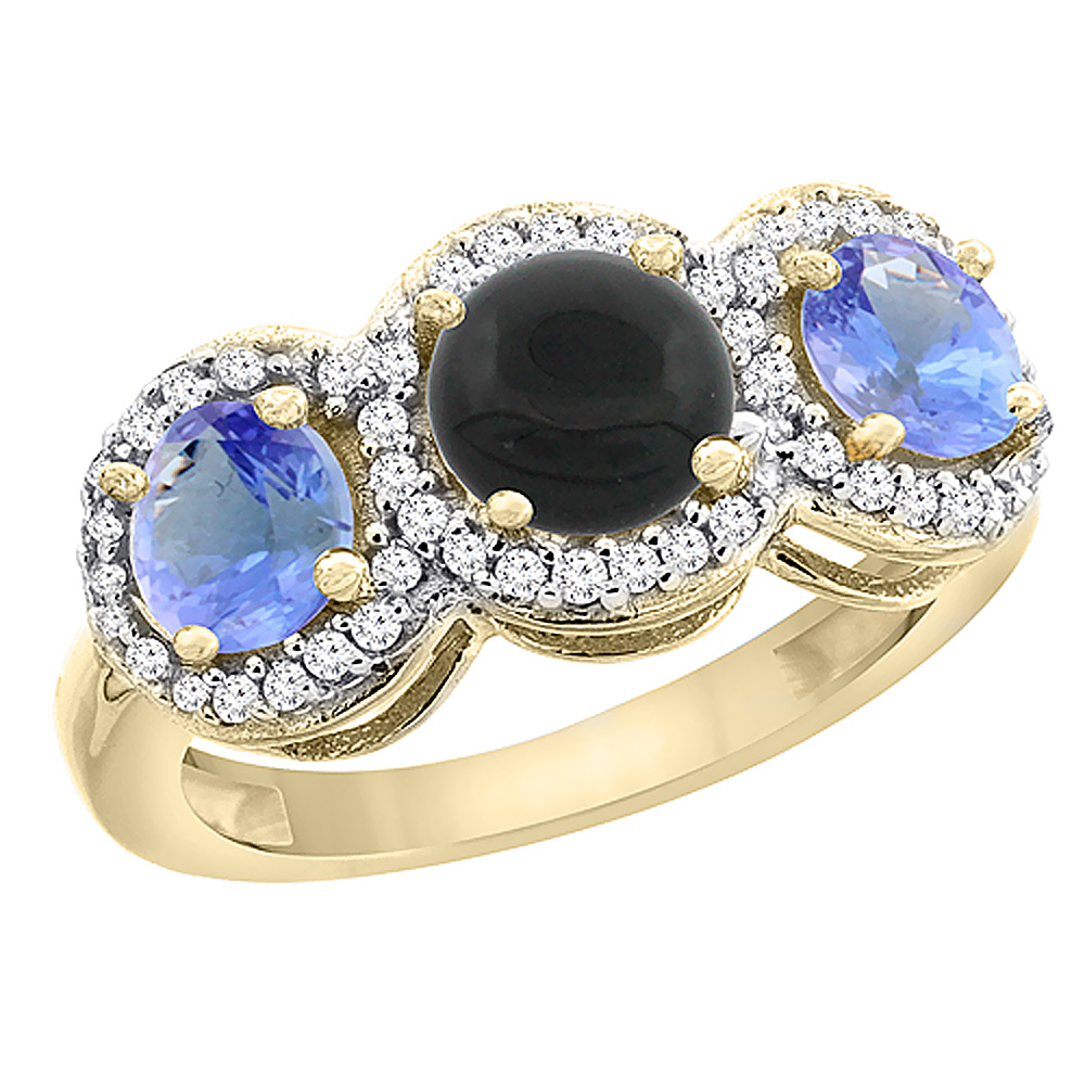 14K Yellow Gold Natural Black Onyx &amp; Tanzanite Sides Round 3-stone Ring Diamond Accents, sizes 5 - 10