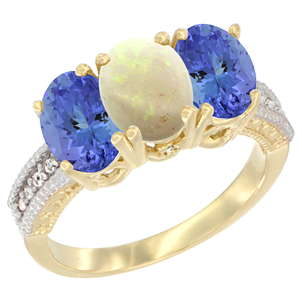 10K Yellow Gold Diamond Natural Opal &amp; Tanzanite Ring 3-Stone 7x5 mm Oval, sizes 5 - 10