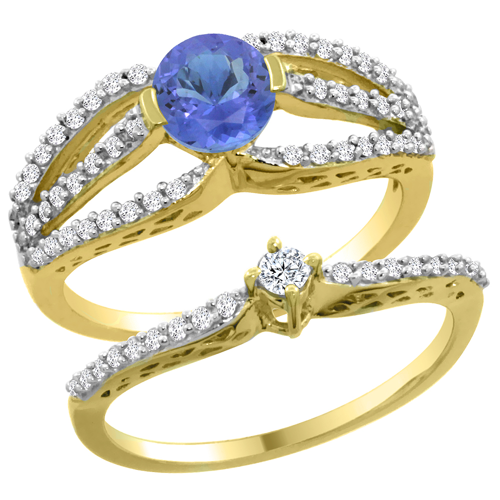 14K Yellow Gold Natural Tanzanite 2-piece Engagement Ring Set Round 5mm, sizes 5 - 10