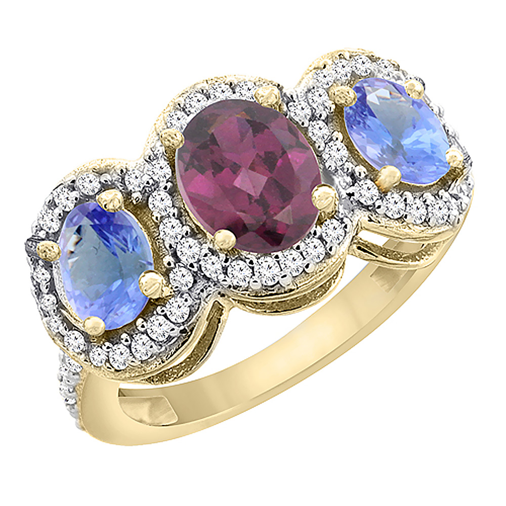 14K Yellow Gold Natural Rhodolite &amp; Tanzanite 3-Stone Ring Oval Diamond Accent, sizes 5 - 10