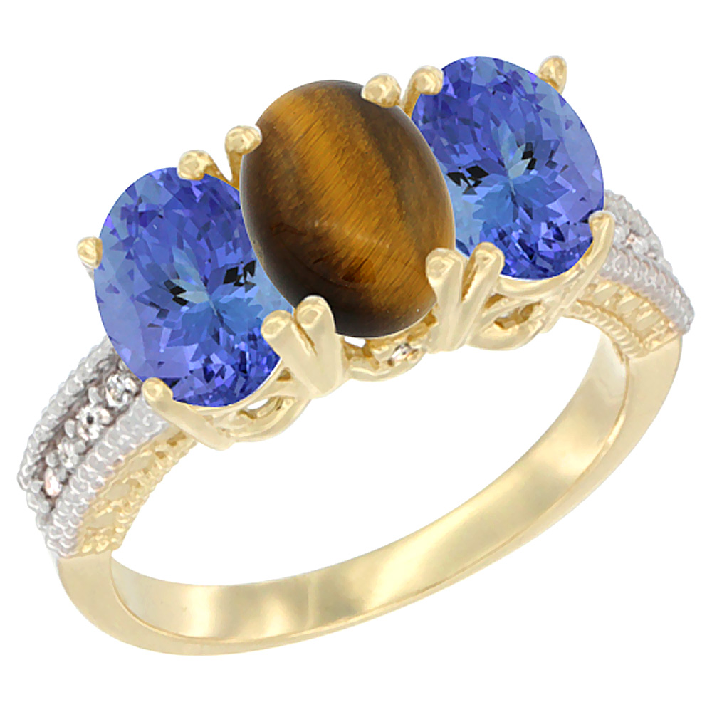 10K Yellow Gold Diamond Natural Tiger Eye & Tanzanite Ring 3-Stone 7x5 mm Oval, sizes 5 - 10