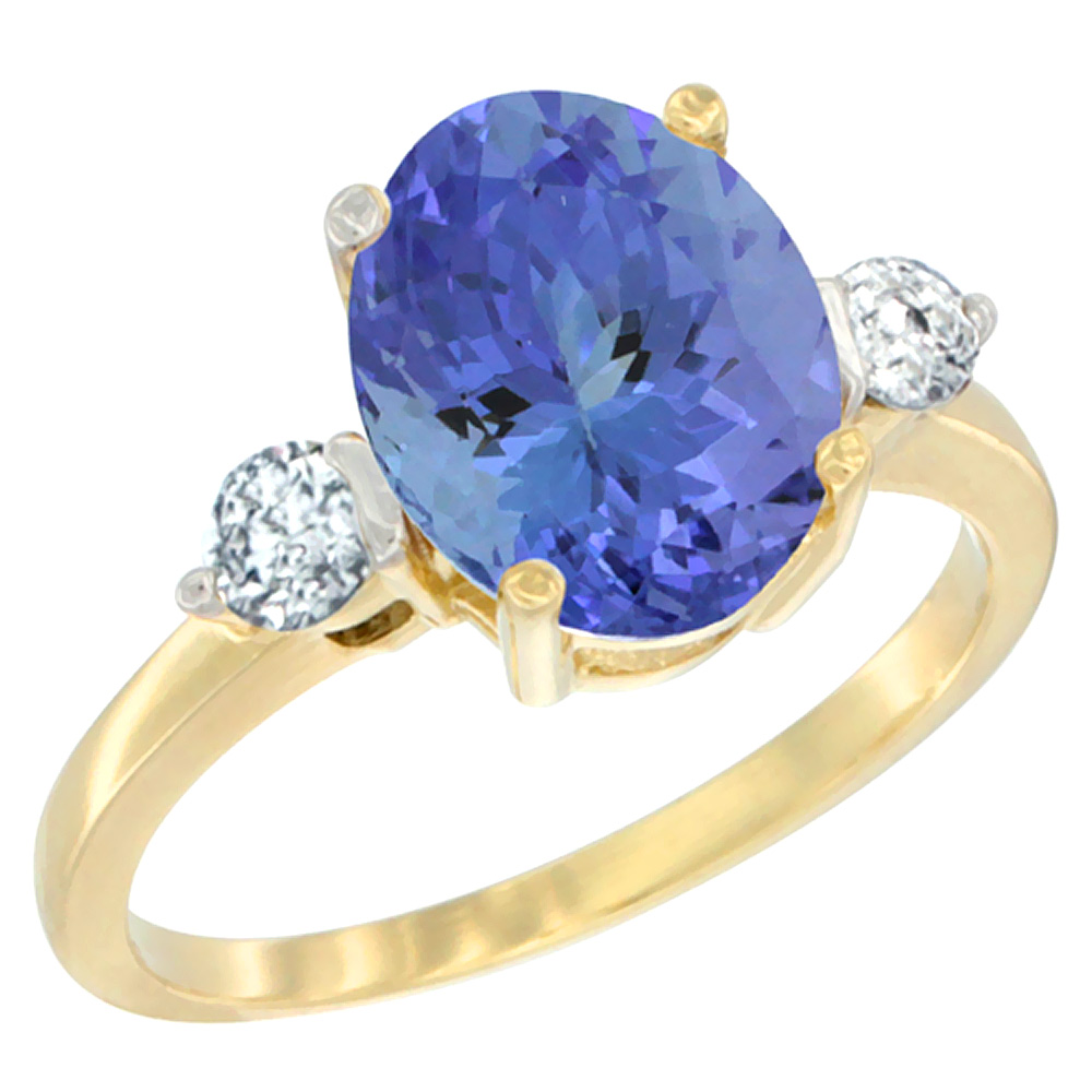 14K Yellow Gold 10x8mm Oval Natural Tanzanite Ring for Women Diamond Side-stones sizes 5 - 10