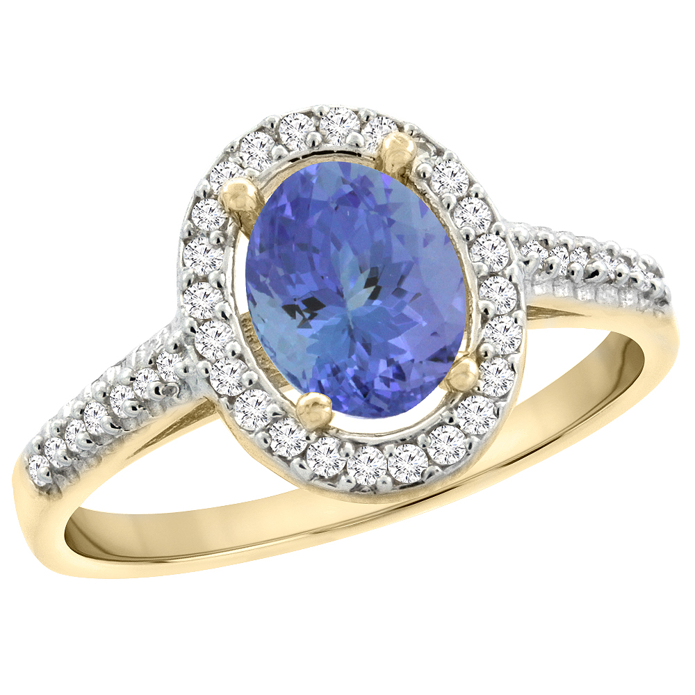 10K Yellow Gold Natural Tanzanite Engagement Ring Oval 7x5 mm Diamond Halo, sizes 5 - 10