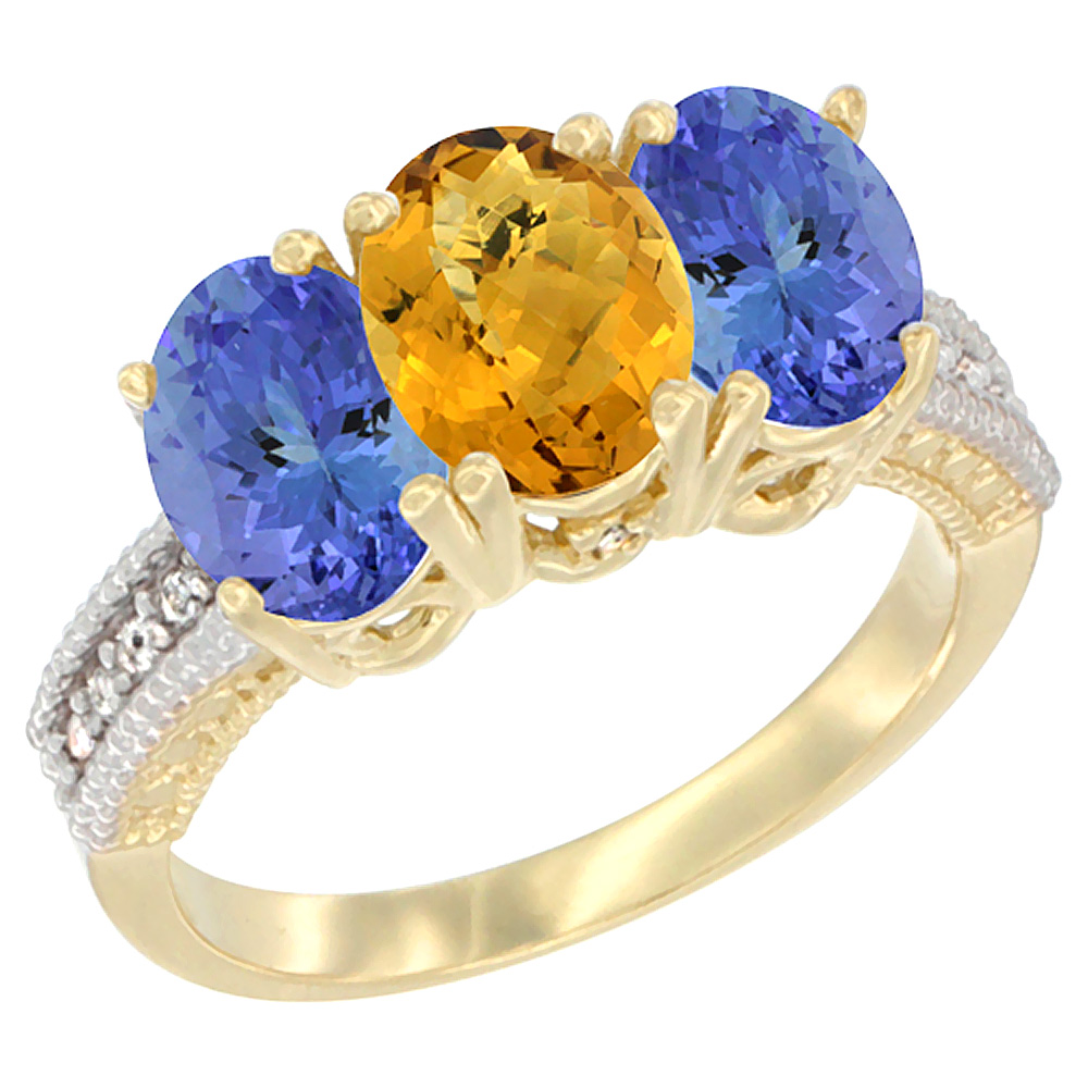 10K Yellow Gold Diamond Natural Whisky Quartz & Tanzanite Ring 3-Stone 7x5 mm Oval, sizes 5 - 10