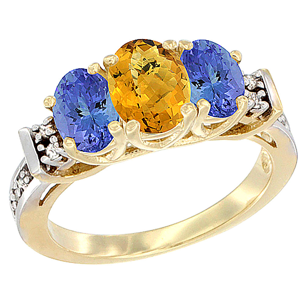 14K Yellow Gold Natural Whisky Quartz & Tanzanite Ring 3-Stone Oval Diamond Accent