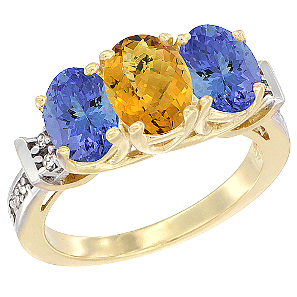 14K Yellow Gold Natural Whisky Quartz &amp; Tanzanite Sides Ring 3-Stone Oval Diamond Accent, sizes 5 - 10