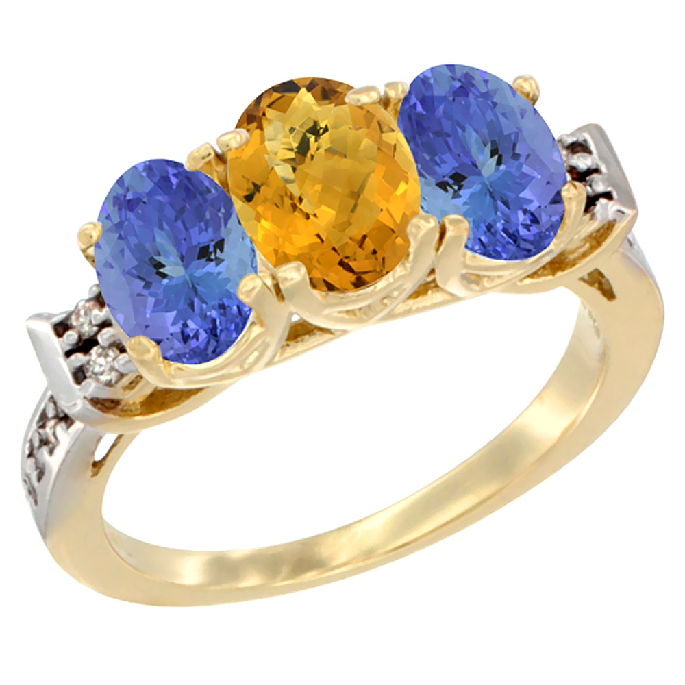 10K Yellow Gold Natural Whisky Quartz & Tanzanite Sides Ring 3-Stone Oval 7x5 mm Diamond Accent, sizes 5 - 10