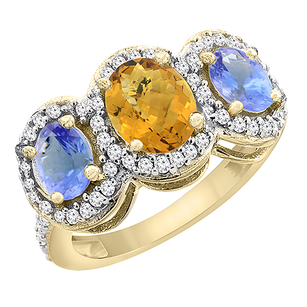 10K Yellow Gold Natural Whisky Quartz & Tanzanite 3-Stone Ring Oval Diamond Accent, sizes 5 - 10