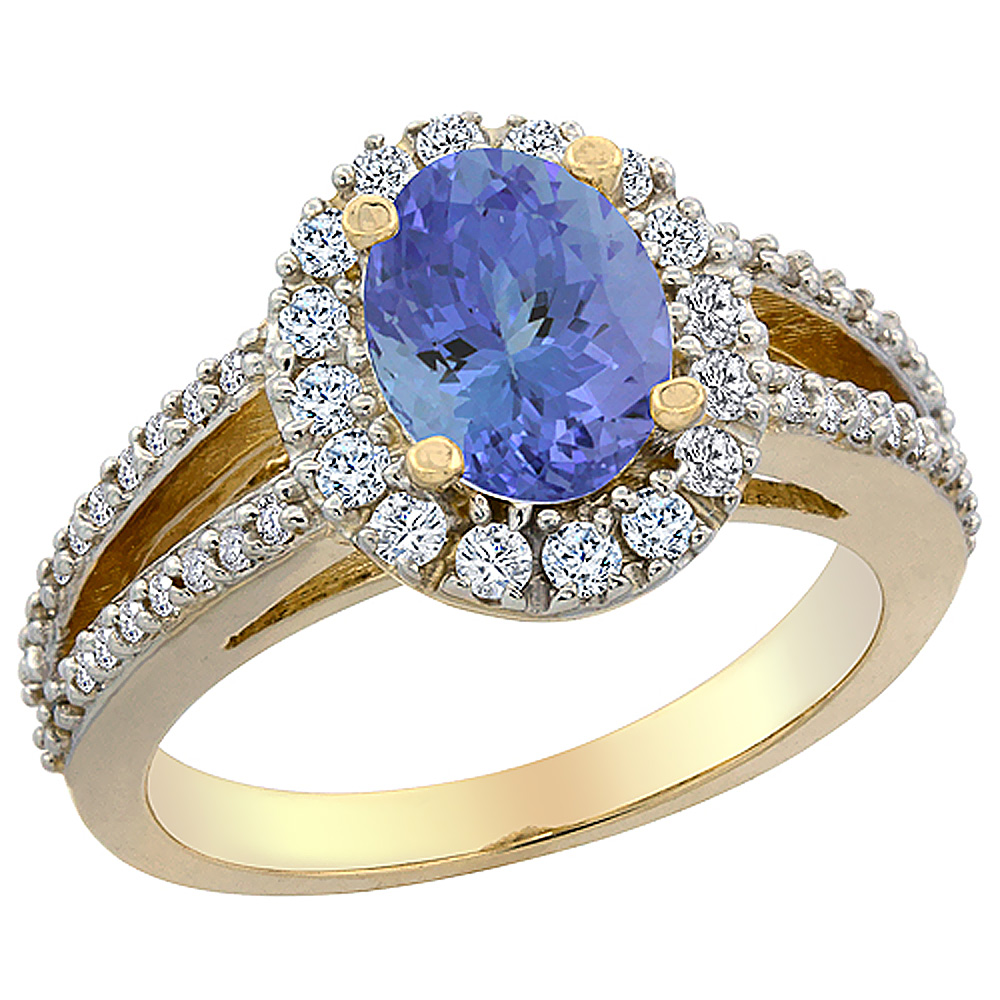 14K Yellow Gold Natural Tanzanite Halo Ring Oval 8x6 mm with Diamond Accents, sizes 5 - 10