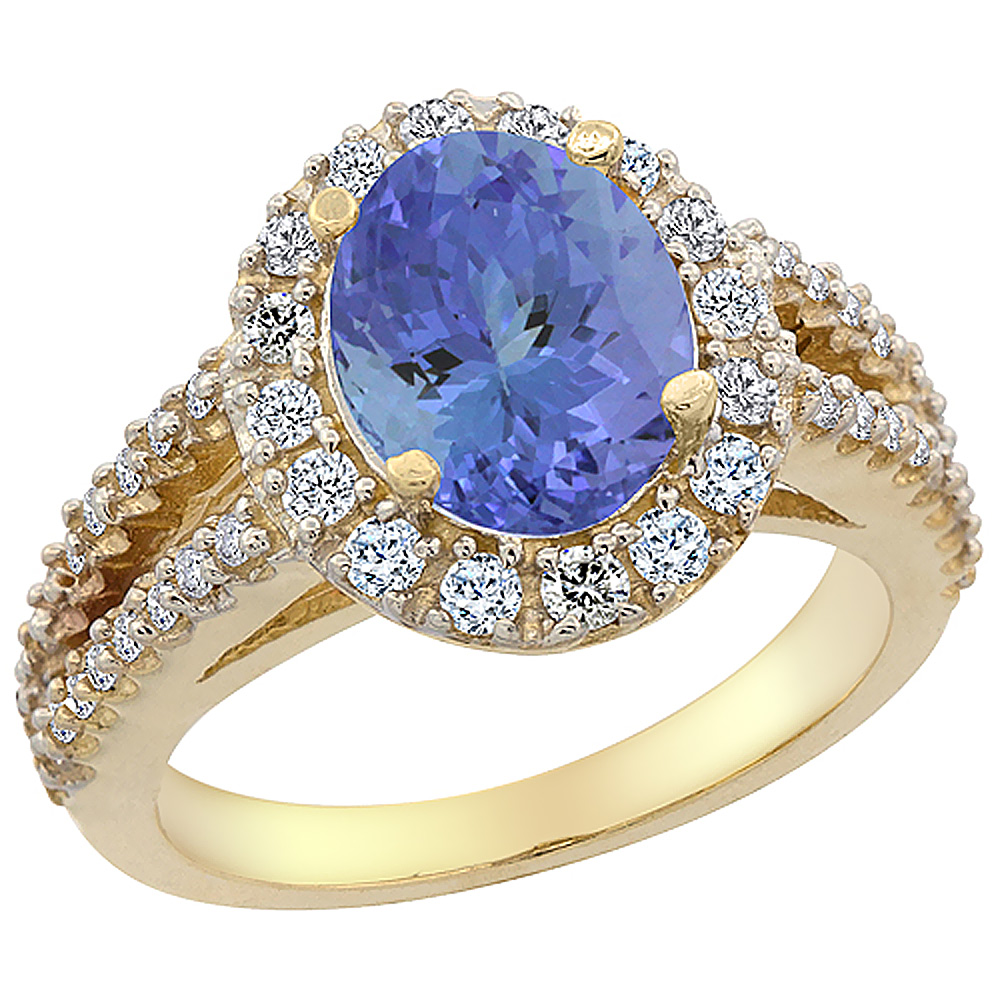 14K Yellow Gold Diamond Natural Tanzanite Engagement Ring Oval 10x8mm, sizes 5-10