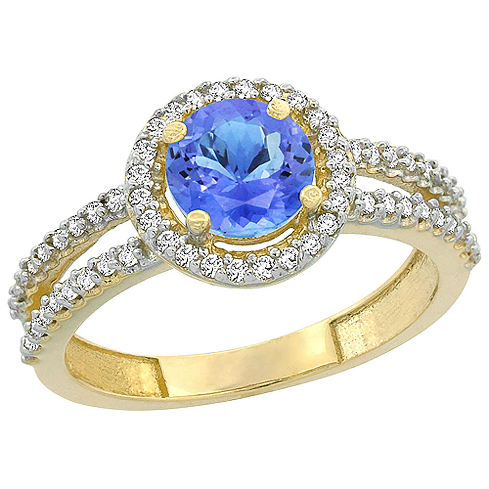 10K Yellow Gold Natural Tanzanite Diamond Halo Ring Round 6mm, sizes 5 - 10