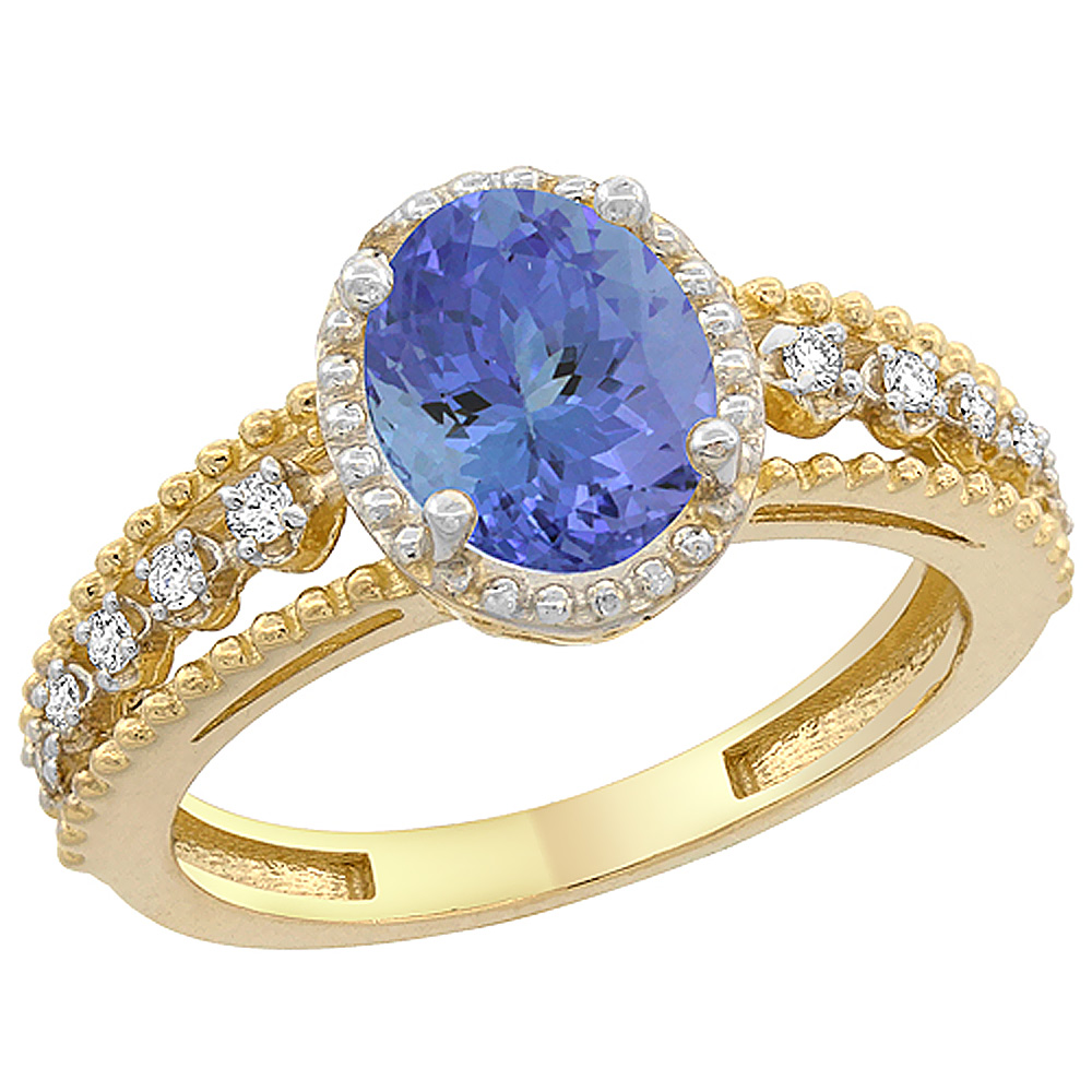 10K Yellow Gold Natural Tanzanite Ring Oval 8x6 mm Floating Diamond Accents, sizes 5 - 10