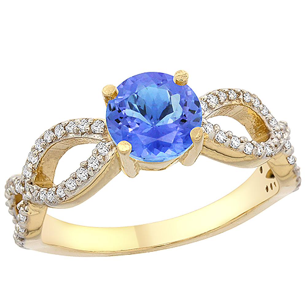 14K Yellow Gold Natural Tanzanite Ring Round 6mm Infinity Diamond Accents, sizes 5 - 10