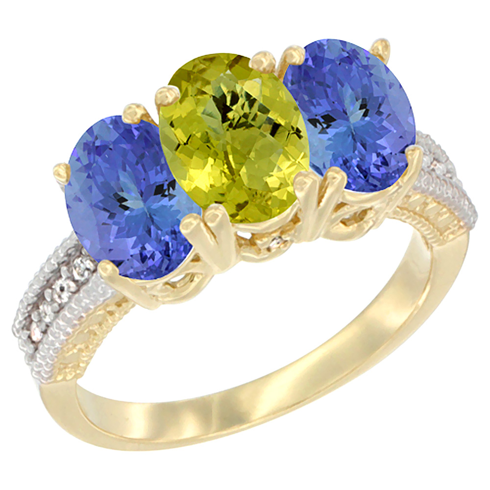 10K Yellow Gold Diamond Natural Lemon Quartz &amp; Tanzanite Ring 3-Stone 7x5 mm Oval, sizes 5 - 10