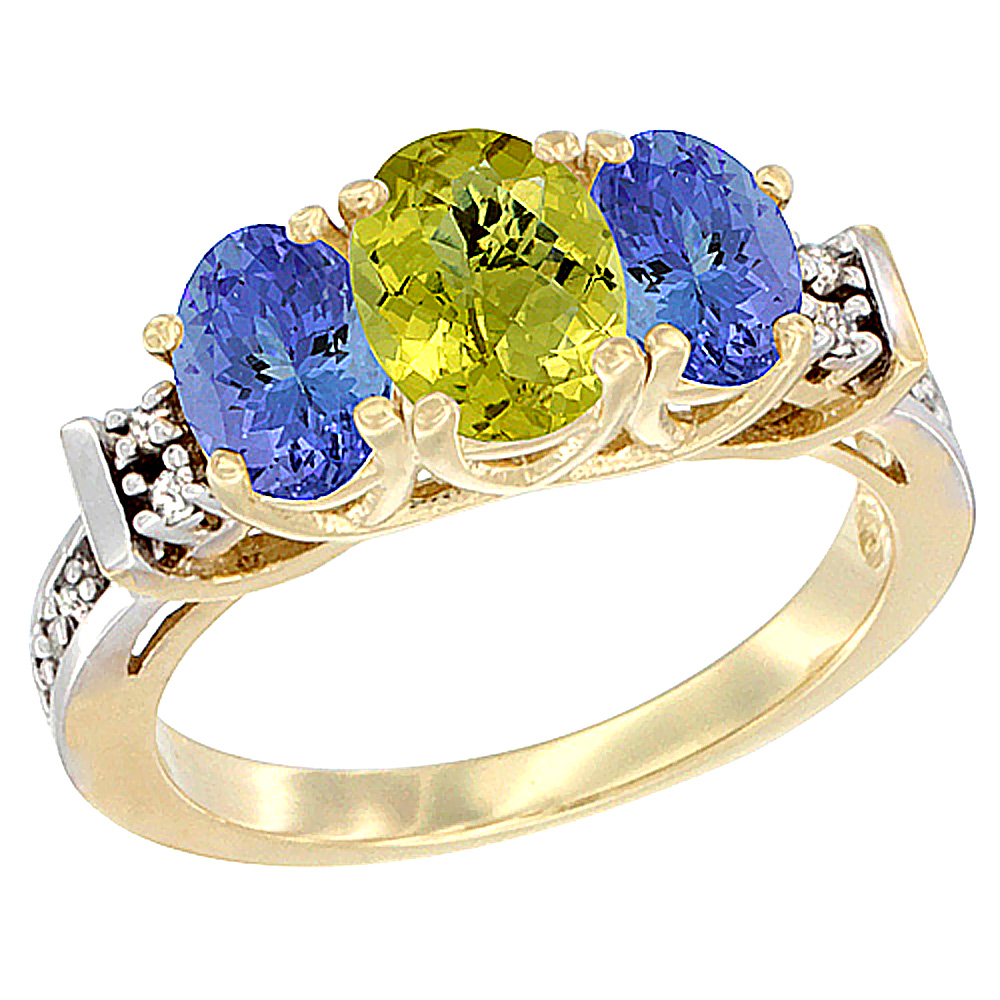 14K Yellow Gold Natural Lemon Quartz & Tanzanite Ring 3-Stone Oval Diamond Accent