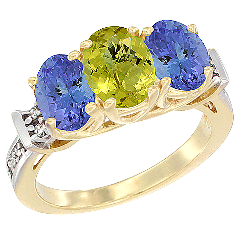 14K Yellow Gold Natural Lemon Quartz & Tanzanite Sides Ring 3-Stone Oval Diamond Accent, sizes 5 - 10