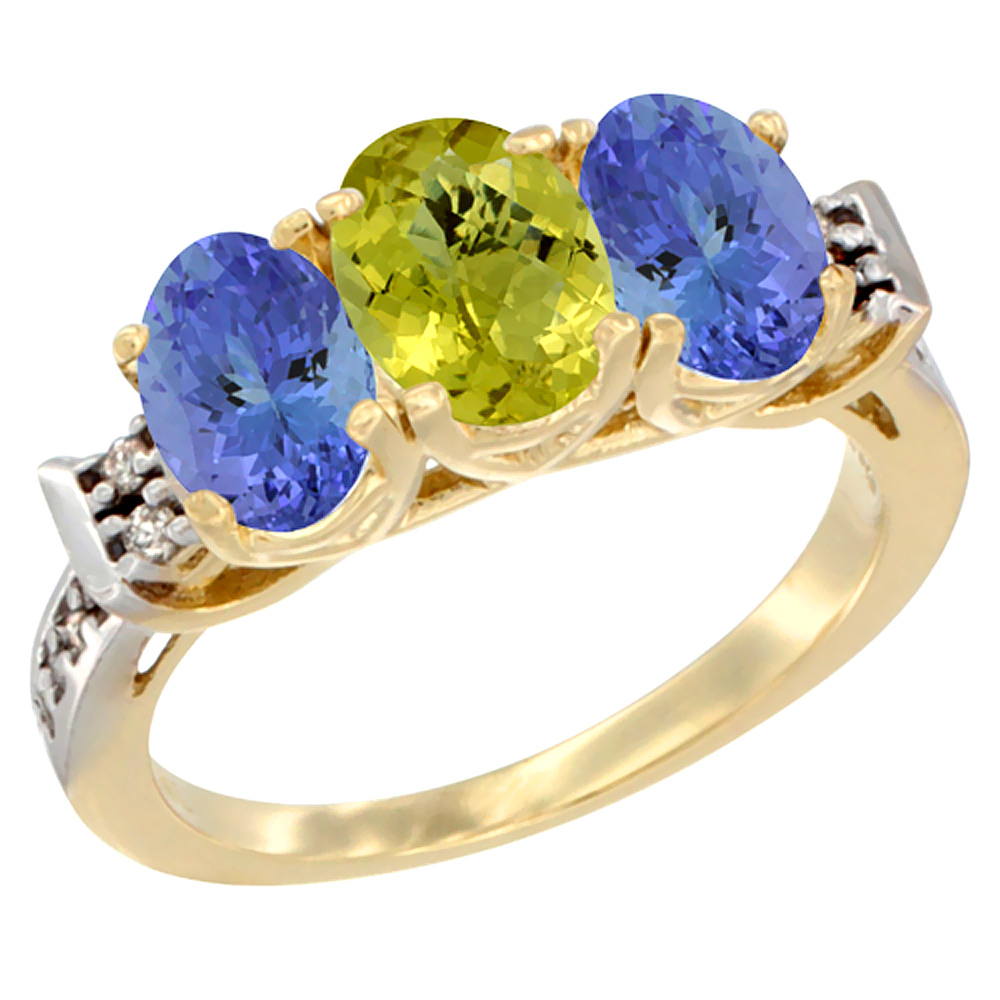 10K Yellow Gold Natural Lemon Quartz & Tanzanite Sides Ring 3-Stone Oval 7x5 mm Diamond Accent, sizes 5 - 10