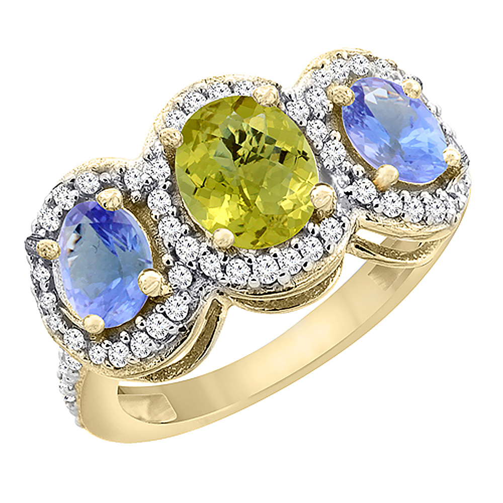 10K Yellow Gold Natural Lemon Quartz & Tanzanite 3-Stone Ring Oval Diamond Accent, sizes 5 - 10