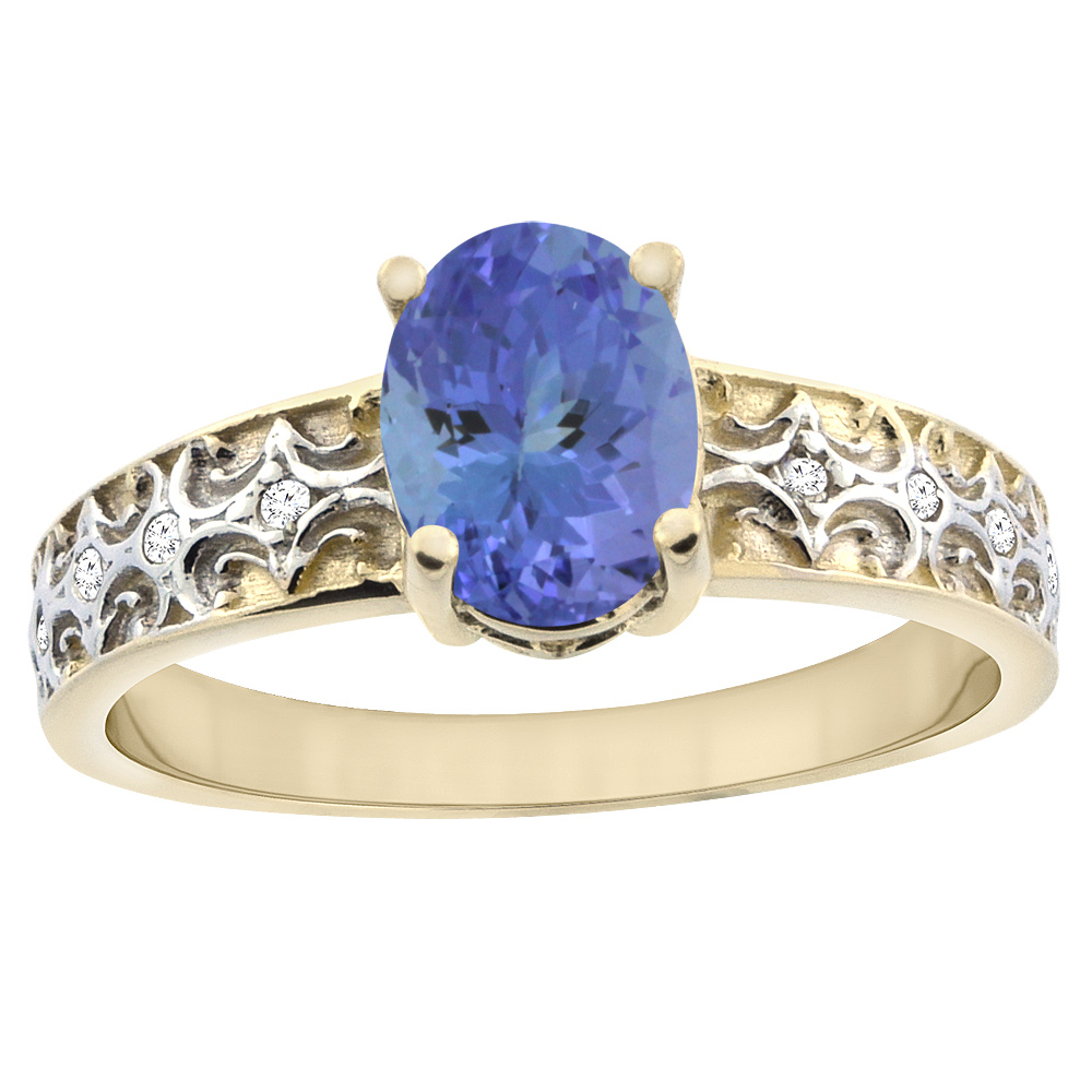 14K Yellow Gold Natural Tanzanite Ring Oval 8x6 mm Diamond Accents, sizes 5 - 10
