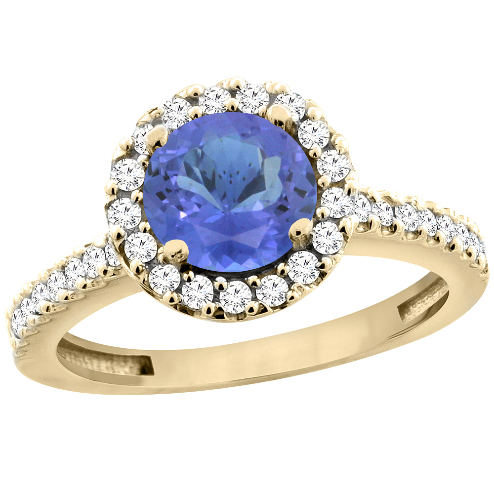 14K Yellow Gold Natural Tanzanite Ring Round 6mm Floating Halo Diamond, sizes 5 - 10