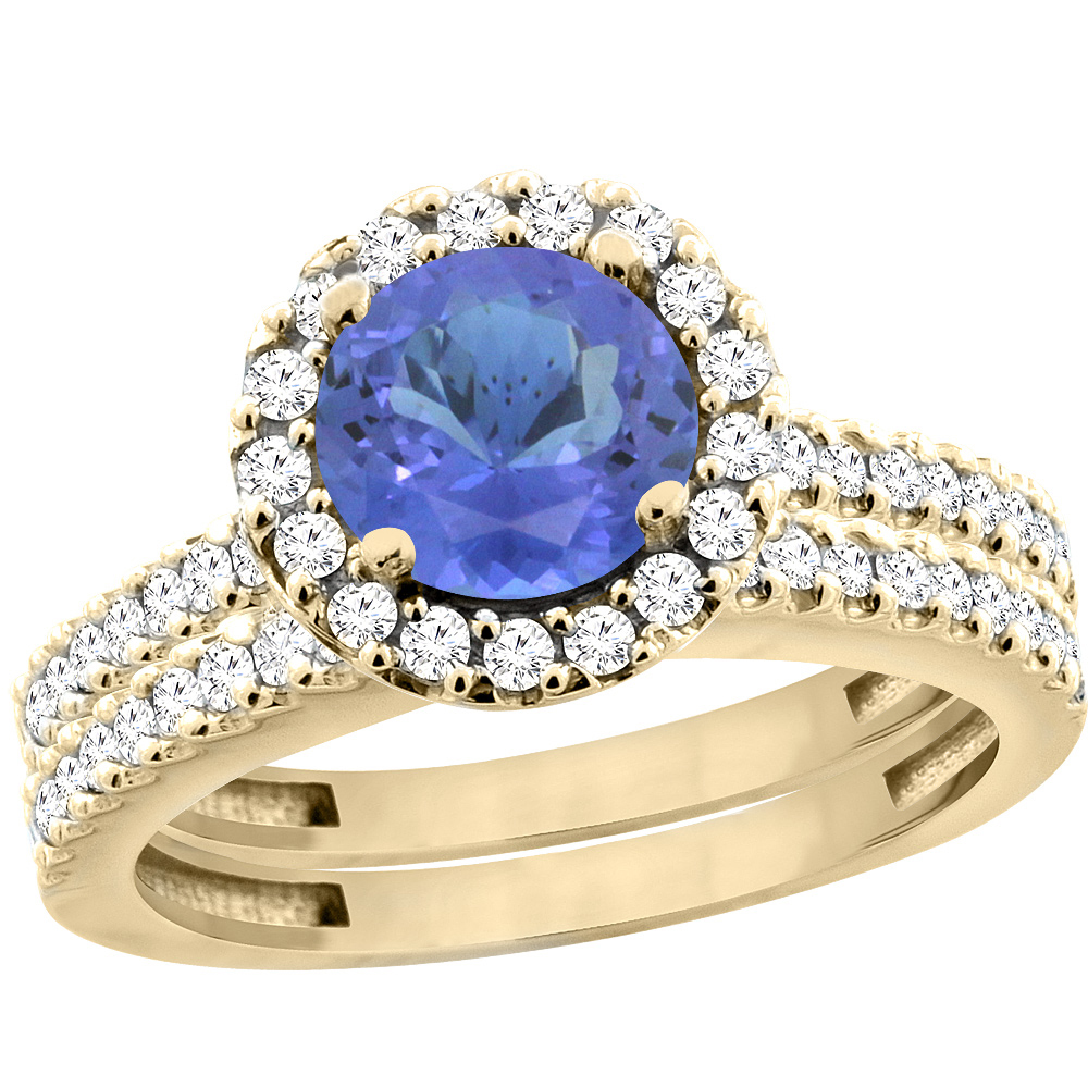 14K Yellow Gold Natural Tanzanite Round 6mm 2-Piece Engagement Ring Set Floating Halo Diamond, sizes 5 - 10