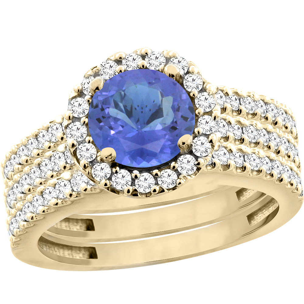 14K Yellow Gold Natural Tanzanite 3-Piece Bridal Ring Set Round 6mm Halo Diamond, sizes 5 - 10