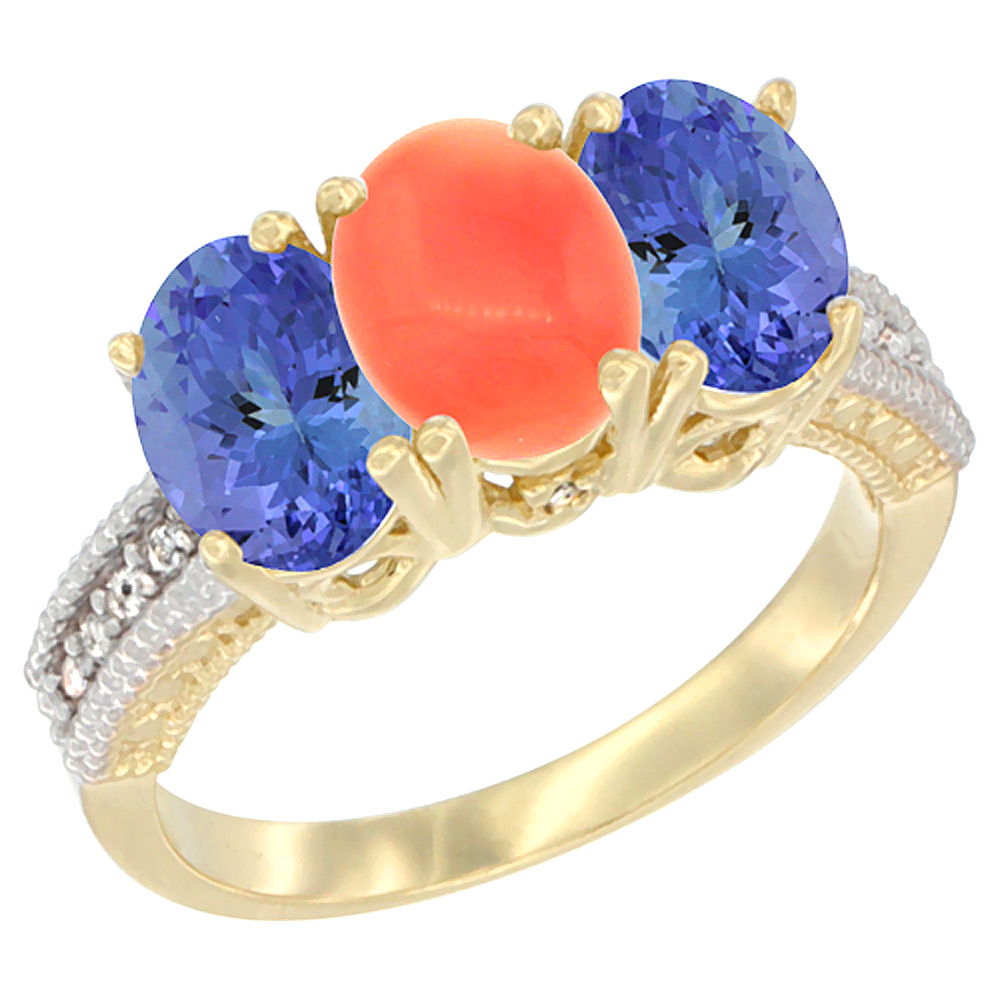 10K Yellow Gold Diamond Natural Coral & Tanzanite Ring 3-Stone 7x5 mm Oval, sizes 5 - 10