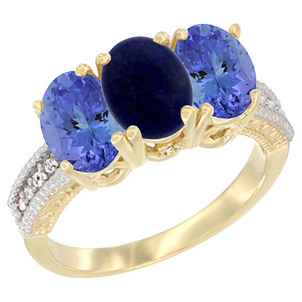 10K Yellow Gold Diamond Natural Lapis &amp; Tanzanite Ring 3-Stone 7x5 mm Oval, sizes 5 - 10