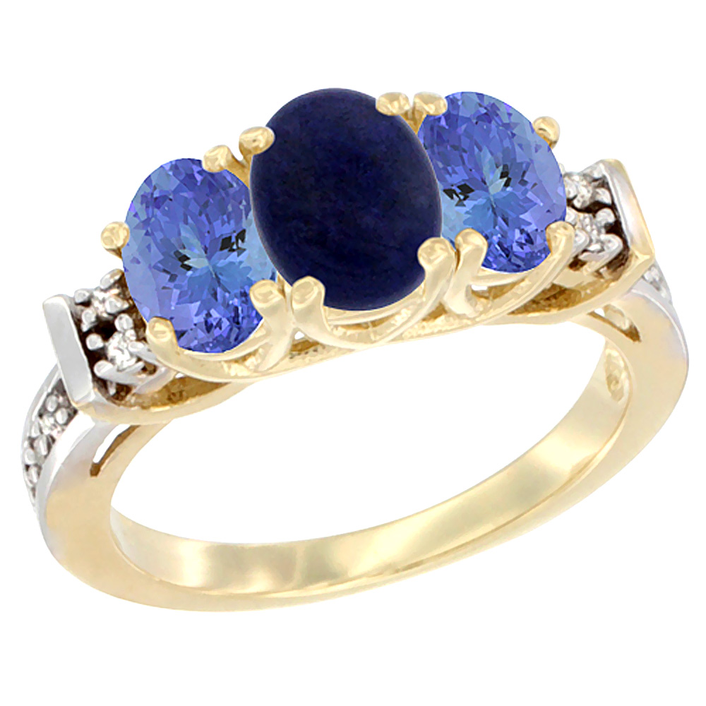 10K Yellow Gold Natural Lapis & Tanzanite Ring 3-Stone Oval Diamond Accent