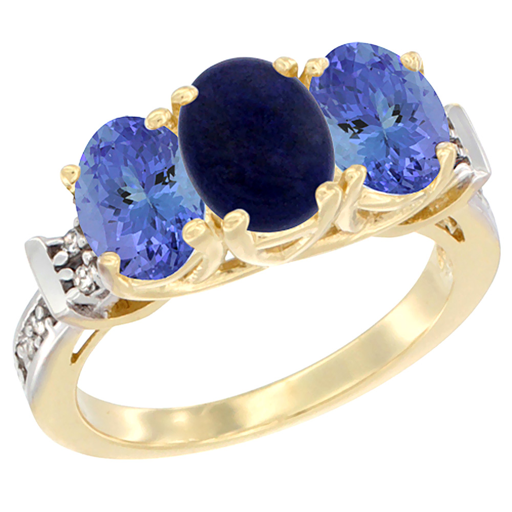 14K Yellow Gold Natural Lapis & Tanzanite Sides Ring 3-Stone Oval Diamond Accent, sizes 5 - 10