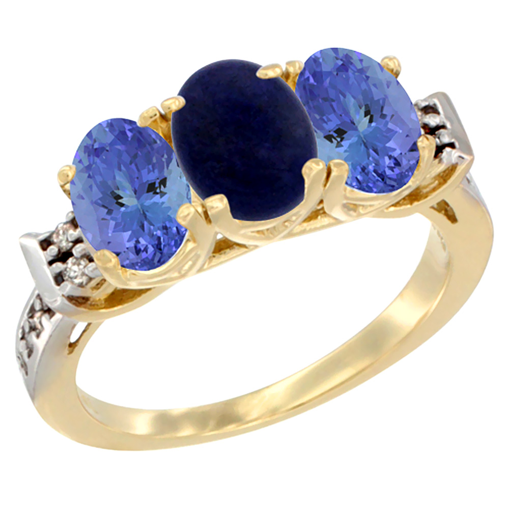 14K Yellow Gold Natural Lapis & Tanzanite Ring 3-Stone 7x5 mm Oval Diamond Accent, sizes 5 - 10