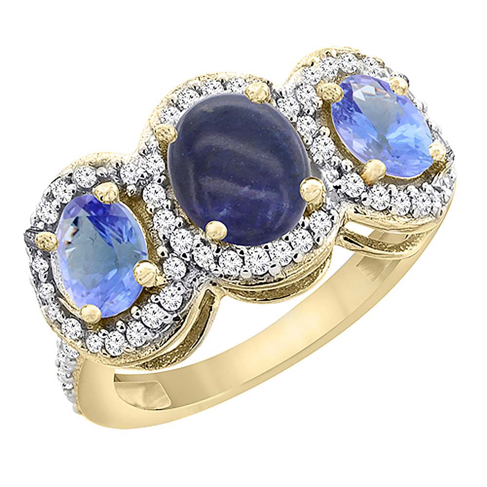 14K Yellow Gold Natural Lapis &amp; Tanzanite 3-Stone Ring Oval Diamond Accent, sizes 5 - 10