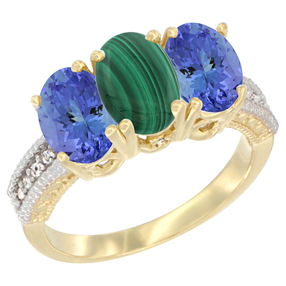 10K Yellow Gold Diamond Natural Malachite &amp; Tanzanite Ring 3-Stone 7x5 mm Oval, sizes 5 - 10