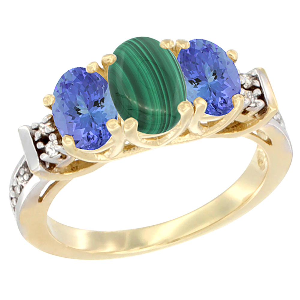 10K Yellow Gold Natural Malachite & Tanzanite Ring 3-Stone Oval Diamond Accent