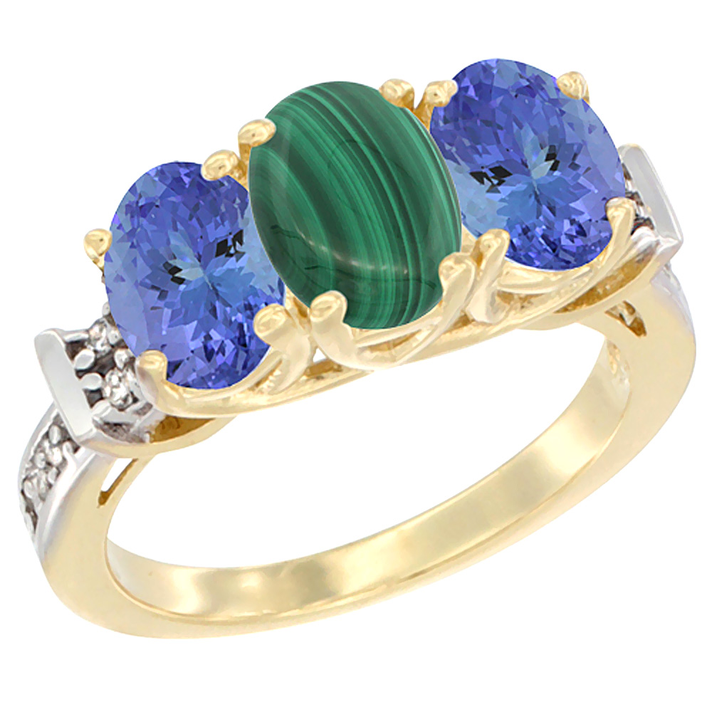 10K Yellow Gold Natural Malachite & Tanzanite Sides Ring 3-Stone Oval Diamond Accent, sizes 5 - 10