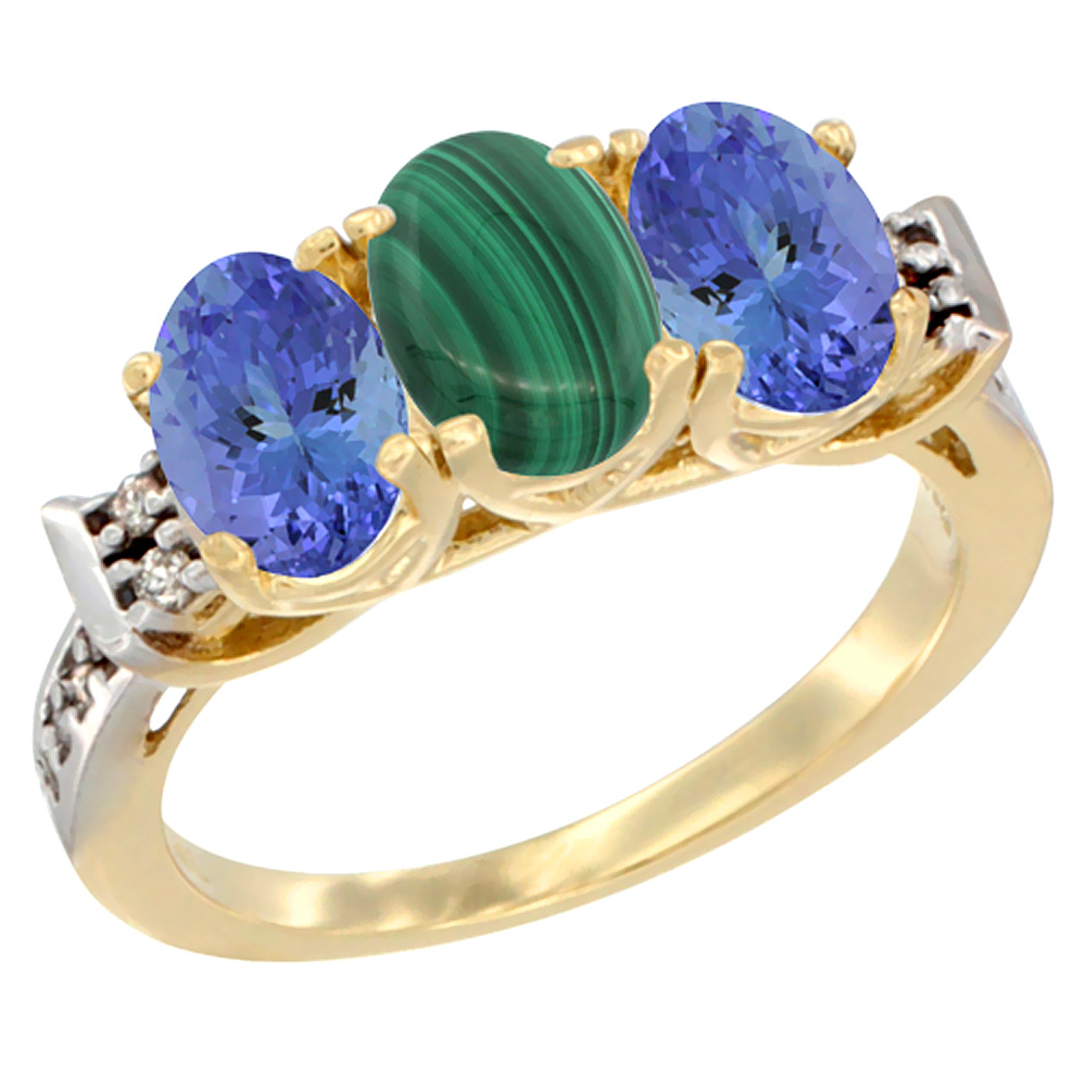 10K Yellow Gold Natural Malachite & Tanzanite Sides Ring 3-Stone Oval 7x5 mm Diamond Accent, sizes 5 - 10