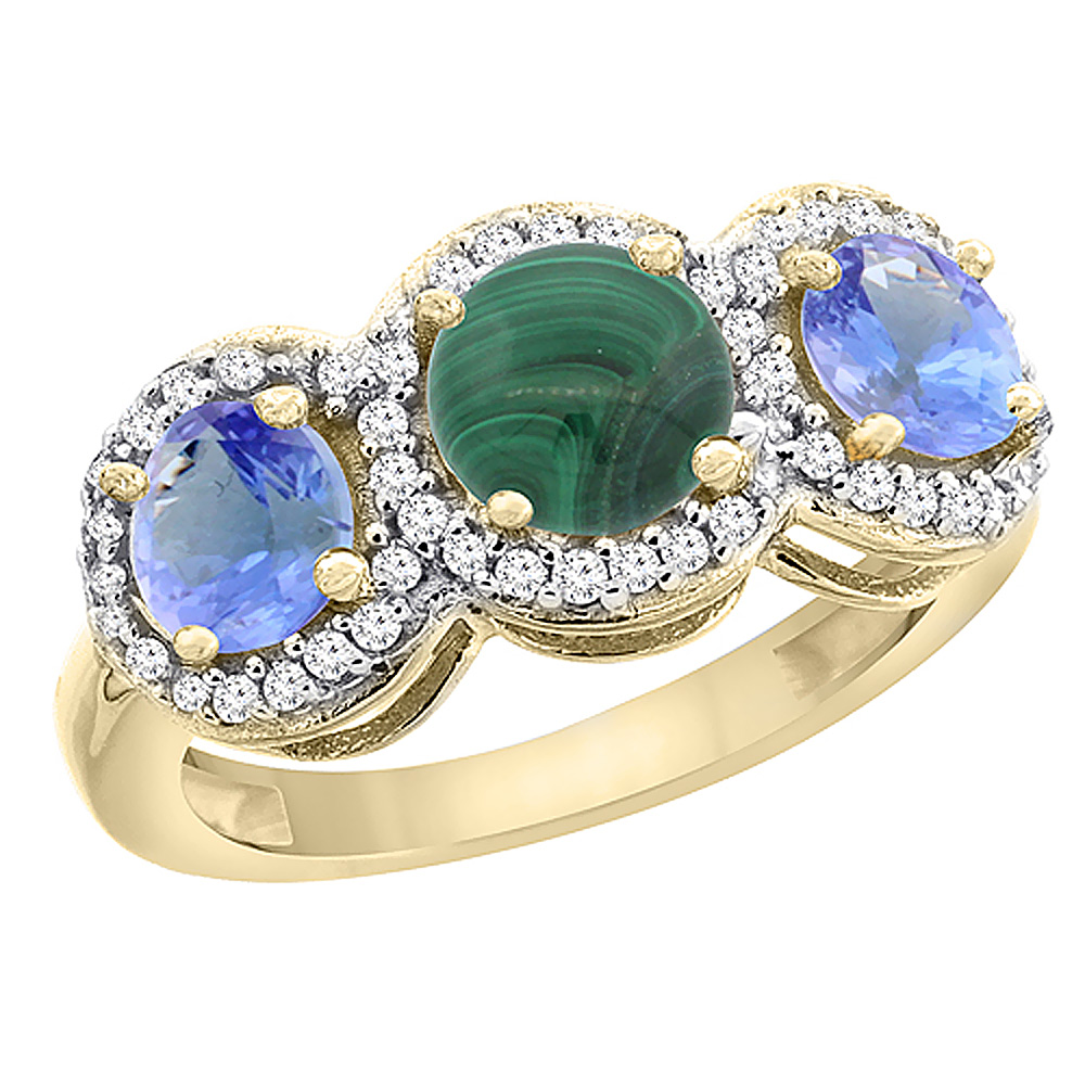 10K Yellow Gold Natural Malachite & Tanzanite Sides Round 3-stone Ring Diamond Accents, sizes 5 - 10