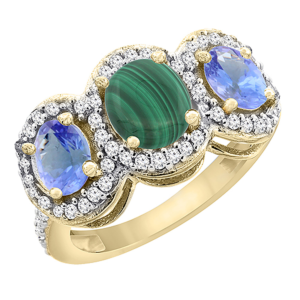 14K Yellow Gold Natural Malachite & Tanzanite 3-Stone Ring Oval Diamond Accent, sizes 5 - 10