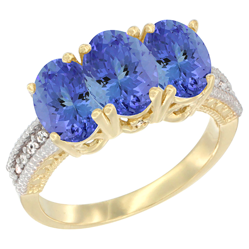 10K Yellow Gold Diamond Natural Tanzanite Ring 3-Stone 7x5 mm Oval, sizes 5 - 10