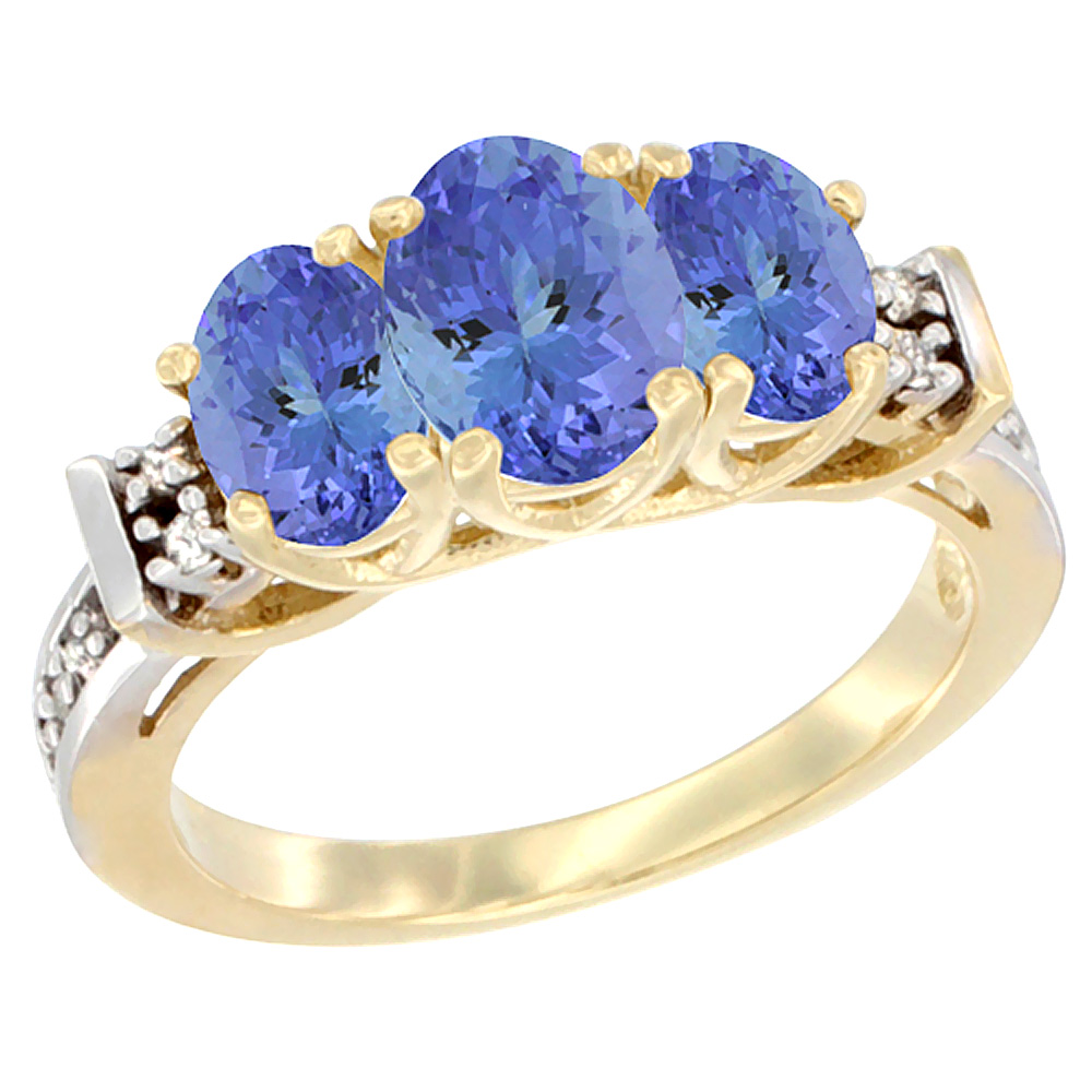 14K Yellow Gold Natural Tanzanite Ring 3-Stone Oval Diamond Accent