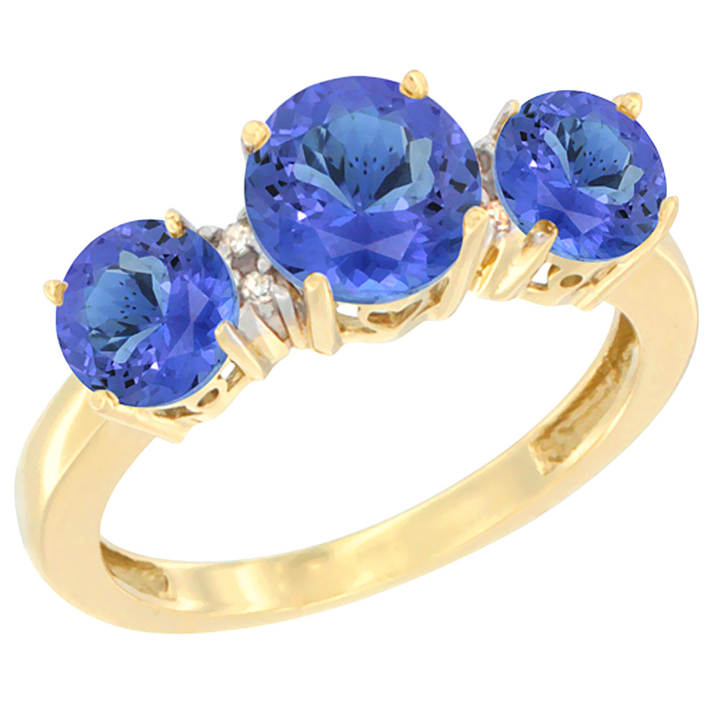 14K Yellow Gold Round 3-Stone Natural Tanzanite Ring Diamond Accent, sizes 5 - 10