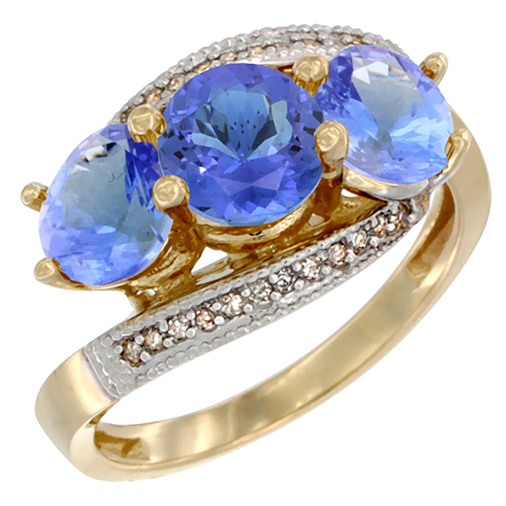 10K Yellow Gold Natural Tanzanite 3 stone Ring Round 6mm Diamond Accent, sizes 5 - 10