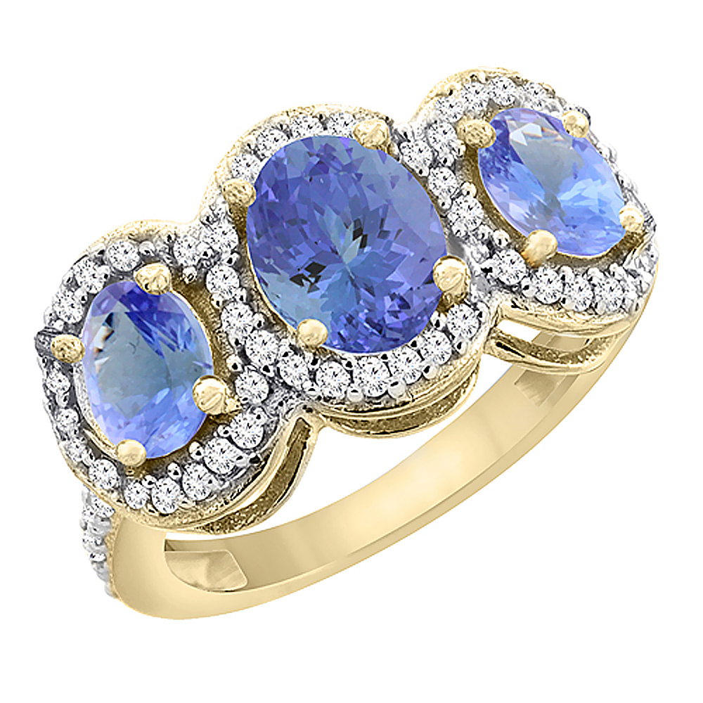 14K Yellow Gold Natural Tanzanite 3-Stone Ring Oval Diamond Accent, sizes 5 - 10