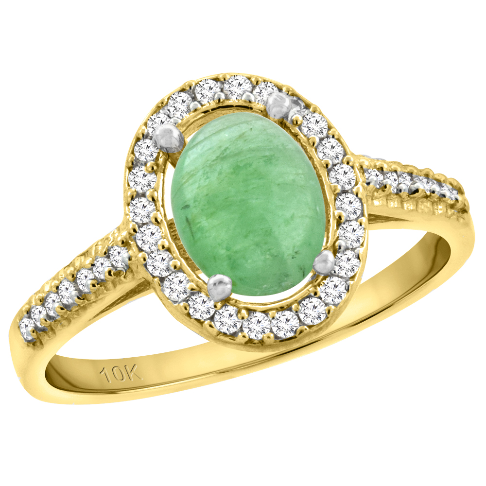 10K Yellow Gold Natural Cabochon Emerald Engagement Ring Oval 7x5 mm Diamond Halo, sizes 5 - 10