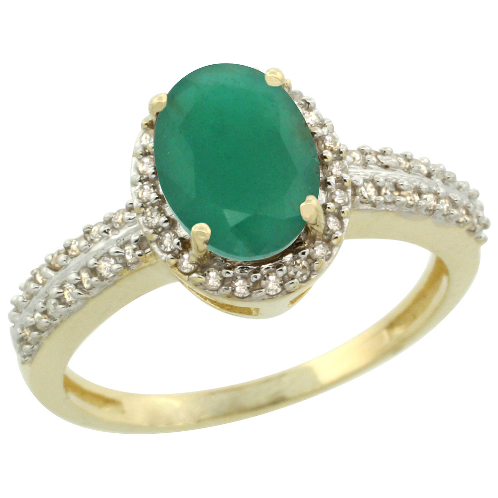 10k Yellow Gold Natural Cabochon Emerald Ring Oval 8x6mm Diamond Halo, sizes 5-10