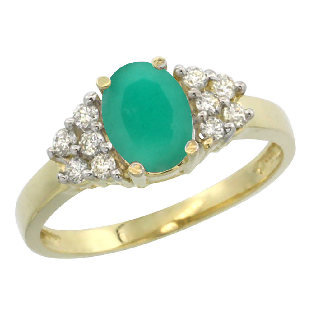 10K Yellow Gold Natural High Quality Emerald Ring Oval 8x6mm Diamond Accent, sizes 5-10