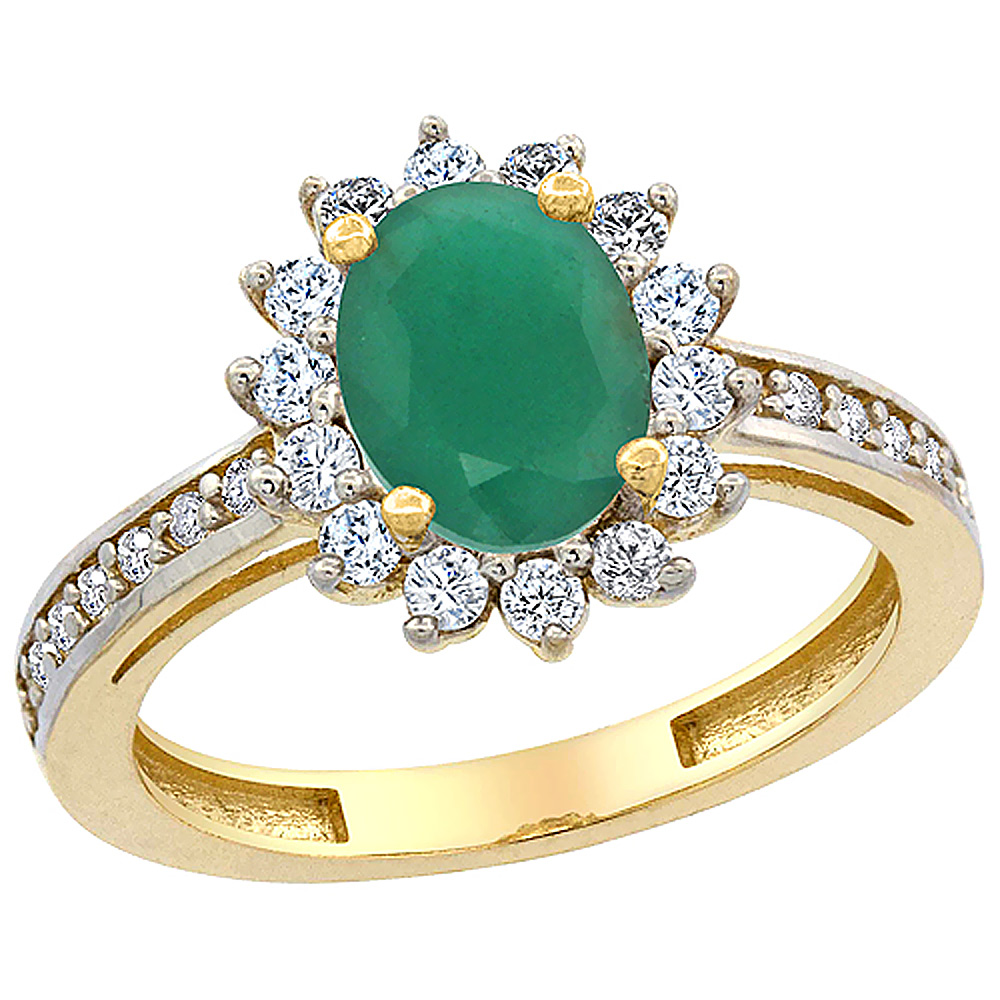 10K Yellow Gold Natural Cabochon Emerald Floral Halo Ring Oval 8x6mm Diamond Accents, sizes 5 - 10