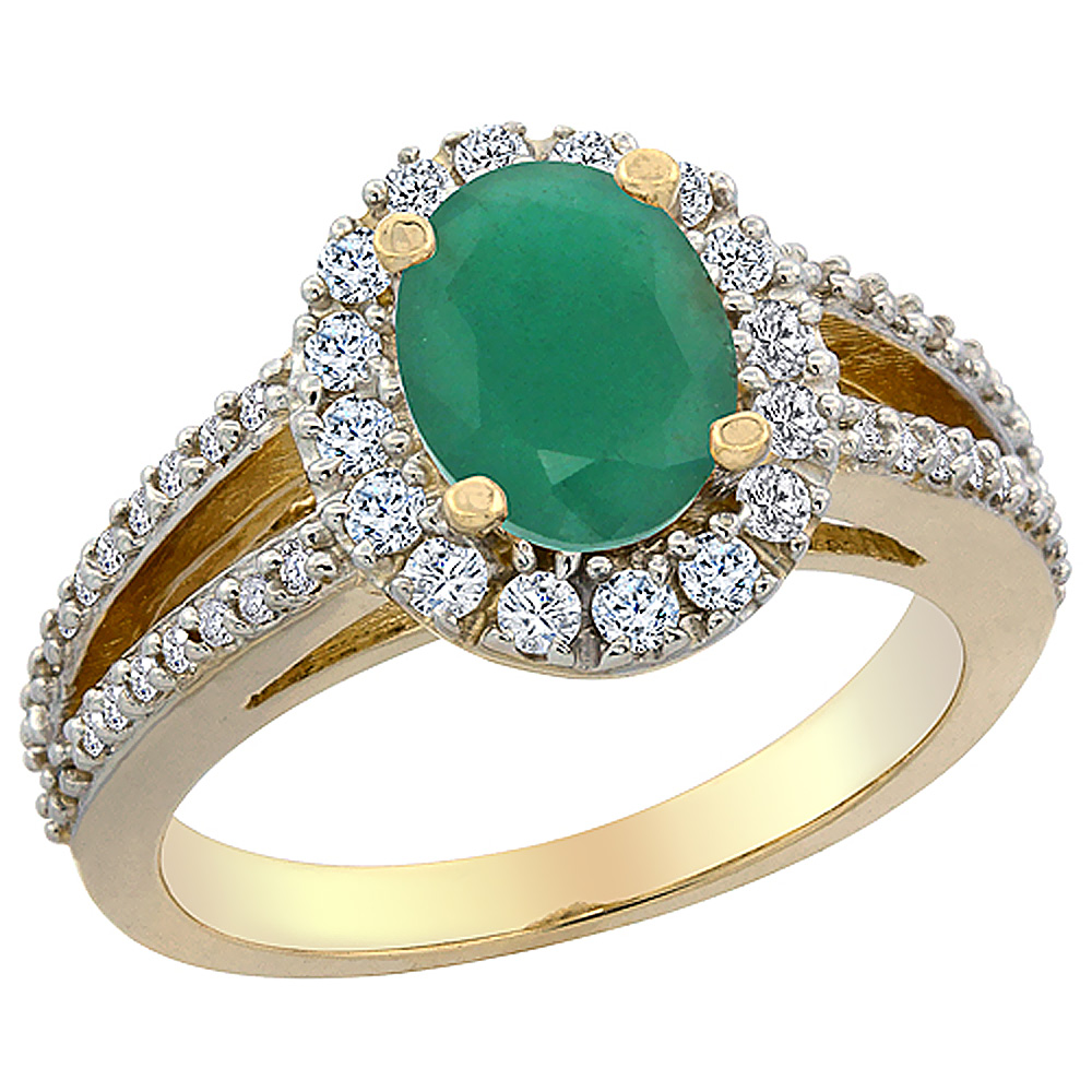 14K Yellow Gold Diamond Halo Natural Quality Emerald Engagement Ring Oval 8x6 mm, size 5 - 10
