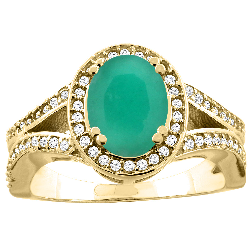 14k Gold Diamond Halo Genuine Cabochon Emerald Ring Split Shank Oval 8x6mm, size 5-10